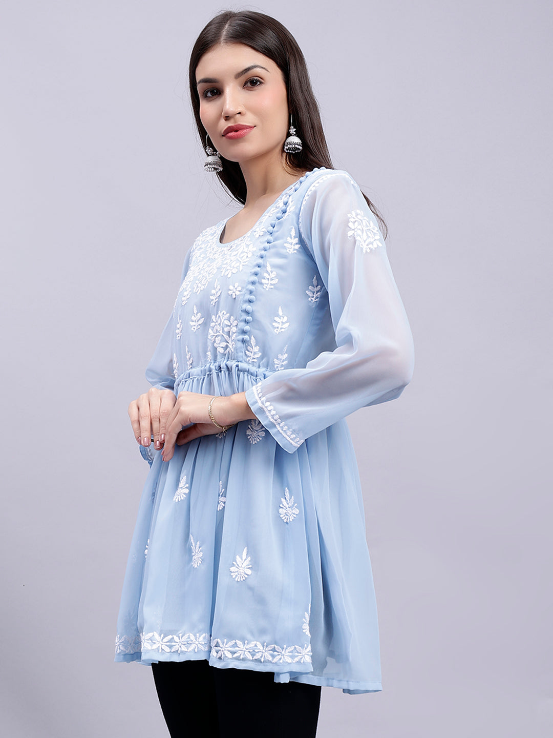 Light Blue Georgette Angarkha Chikankari Tunic With Slip