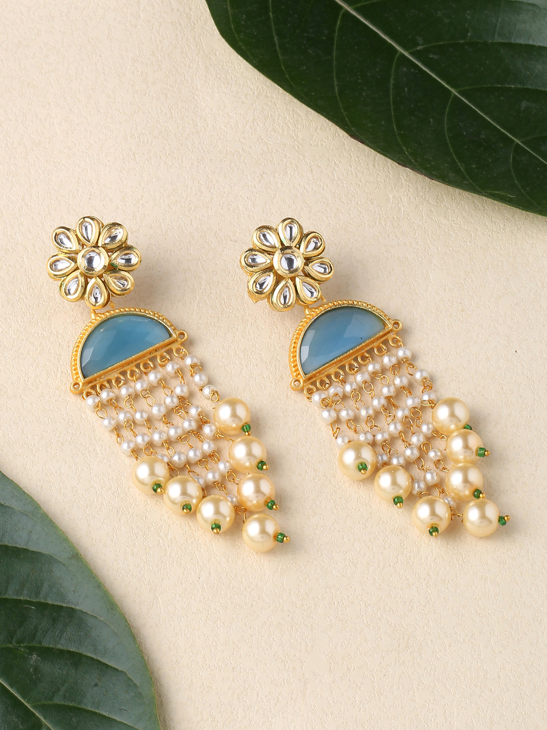 Light Blue Kundan Stone And Pearls Earings