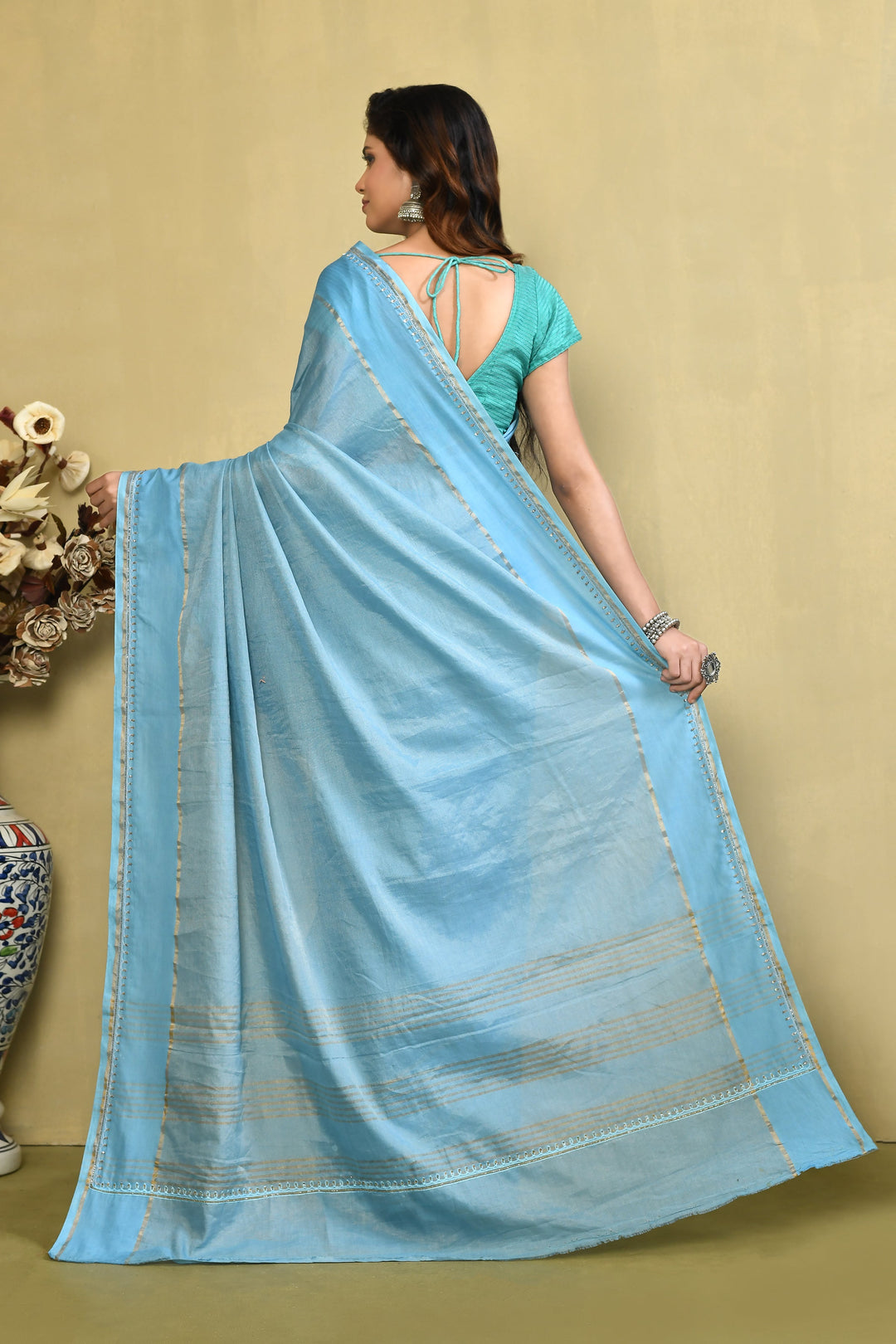 Light Blue Pure Linen Embroidered Banarasi Saree