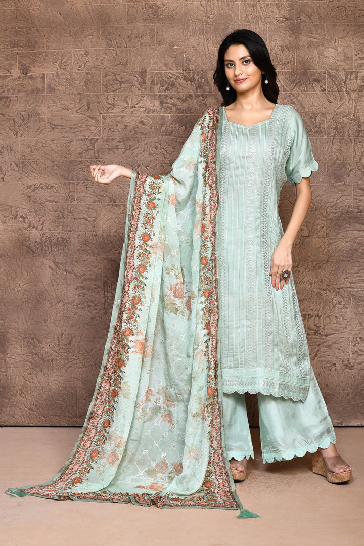 Light Blue Satin Full Embroidered Kurta Set & Dupatta