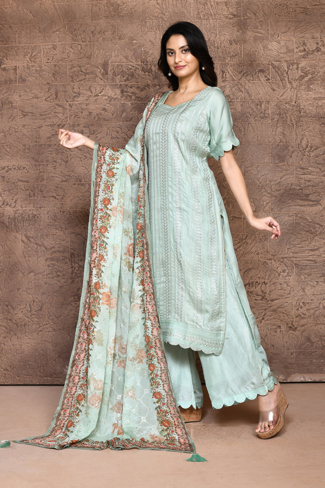 Light Blue Satin Full Embroidered Kurta Set & Dupatta