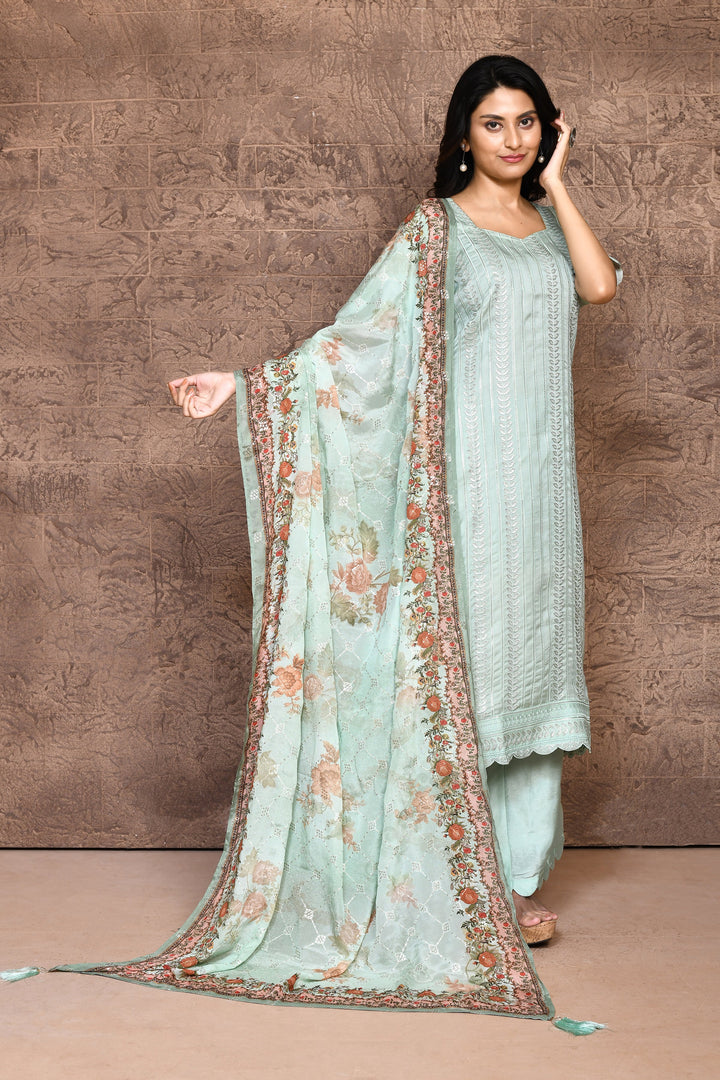 Light Blue Satin Full Embroidered Kurta Set & Dupatta