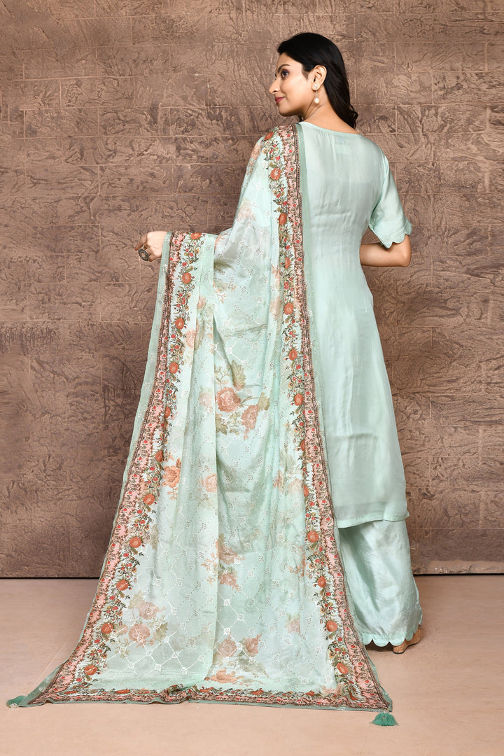 Light Blue Satin Full Embroidered Kurta Set & Dupatta