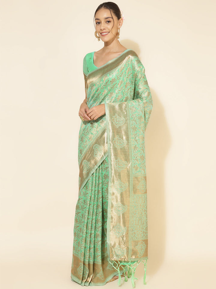 Light Green Chanderi Silk Floral Motif Woven Festive Saree