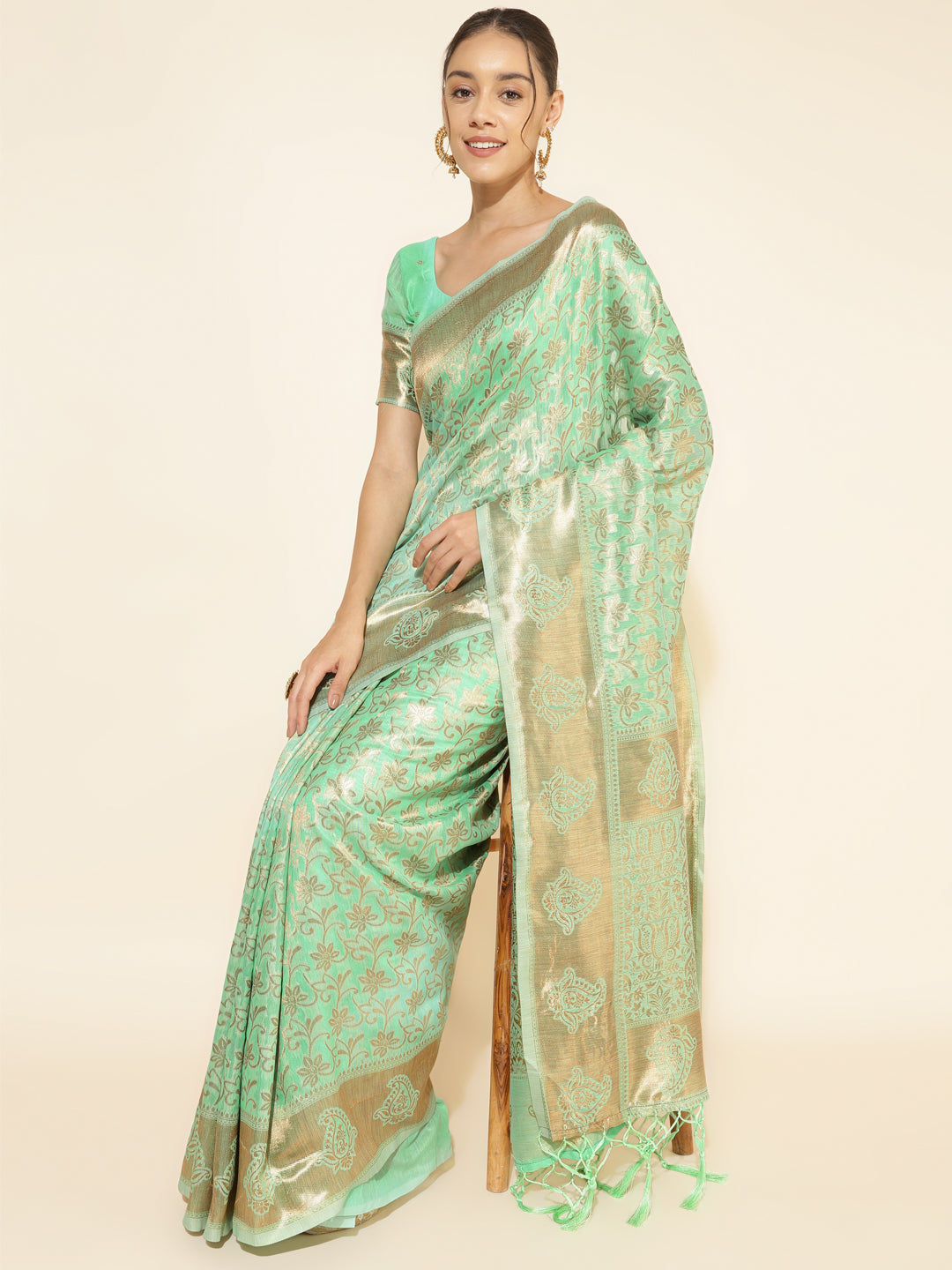 Light Green Chanderi Silk Floral Motif Woven Festive Saree