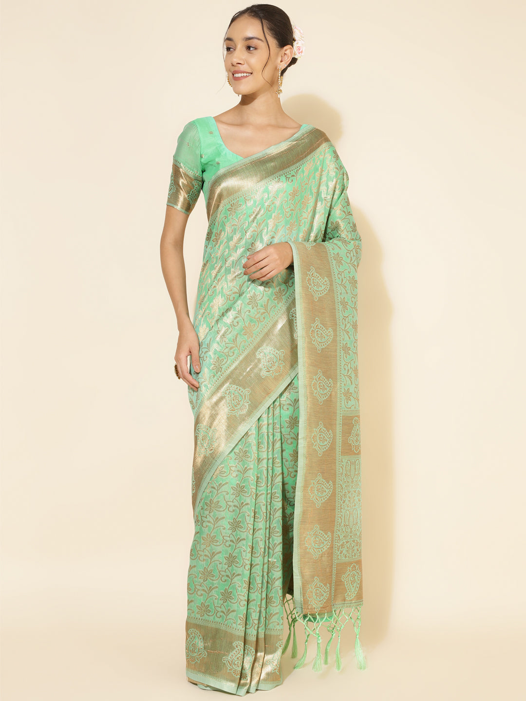 Light Green Chanderi Silk Floral Motif Woven Festive Saree