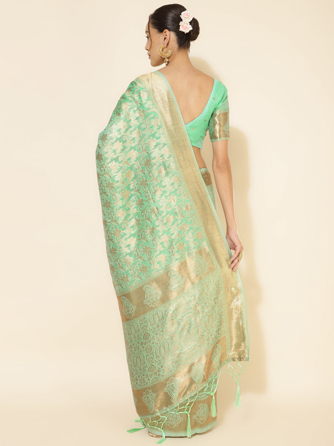 Light Green Chanderi Silk Floral Motif Woven Festive Saree