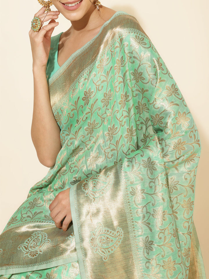 Light Green Chanderi Silk Floral Motif Woven Festive Saree