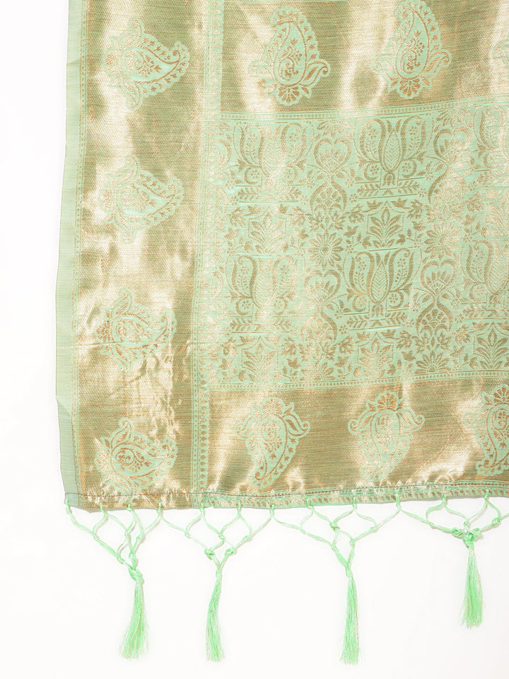 Light Green Chanderi Silk Floral Motif Woven Festive Saree