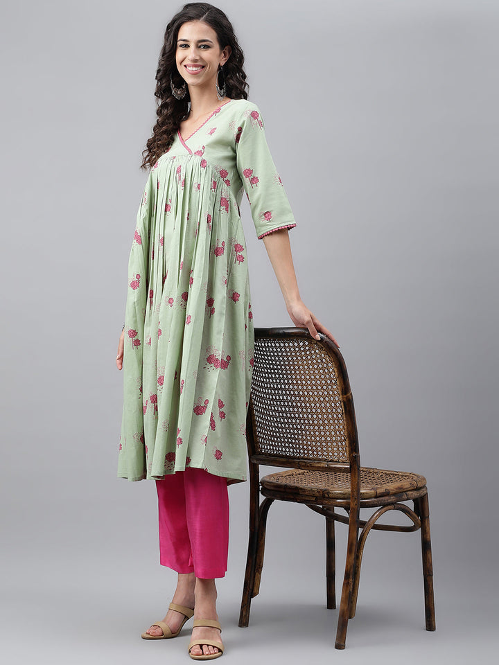ZERESOUQ-Light-Green-Cotton-Floral-Print-Flared-Kurta