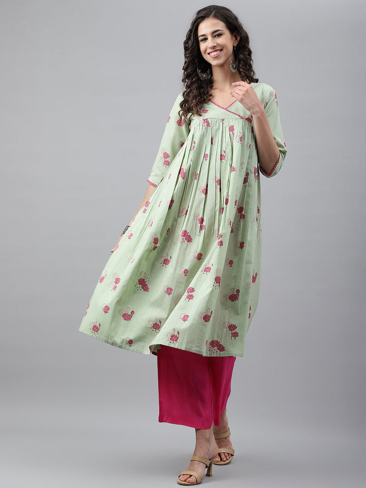 ZERESOUQ-Light-Green-Cotton-Floral-Print-Flared-Kurta