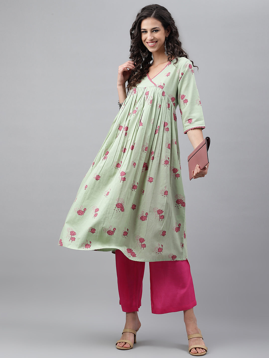 ZERESOUQ-Light-Green-Cotton-Floral-Print-Flared-Kurta