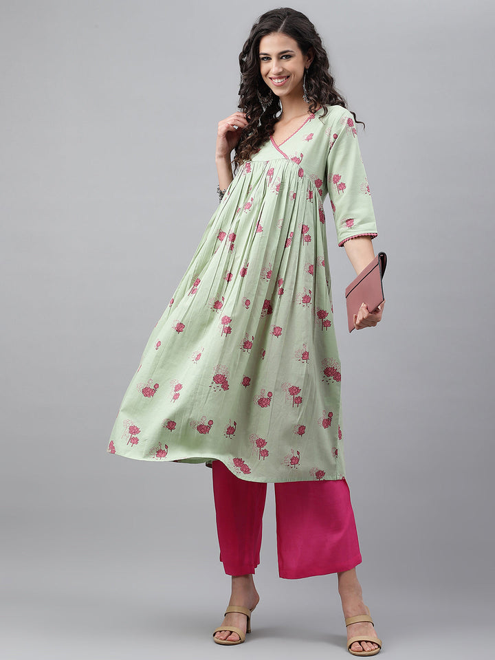 ZERESOUQ-Light-Green-Cotton-Floral-Print-Flared-Kurta