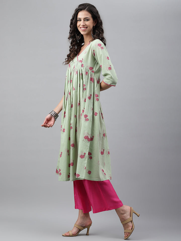 ZERESOUQ-Light-Green-Cotton-Floral-Print-Flared-Kurta