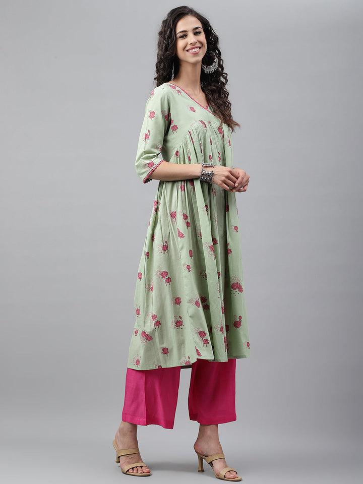 ZERESOUQ-Light-Green-Cotton-Floral-Print-Flared-Kurta