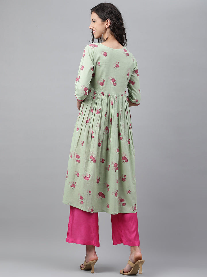 ZERESOUQ-Light-Green-Cotton-Floral-Print-Flared-Kurta