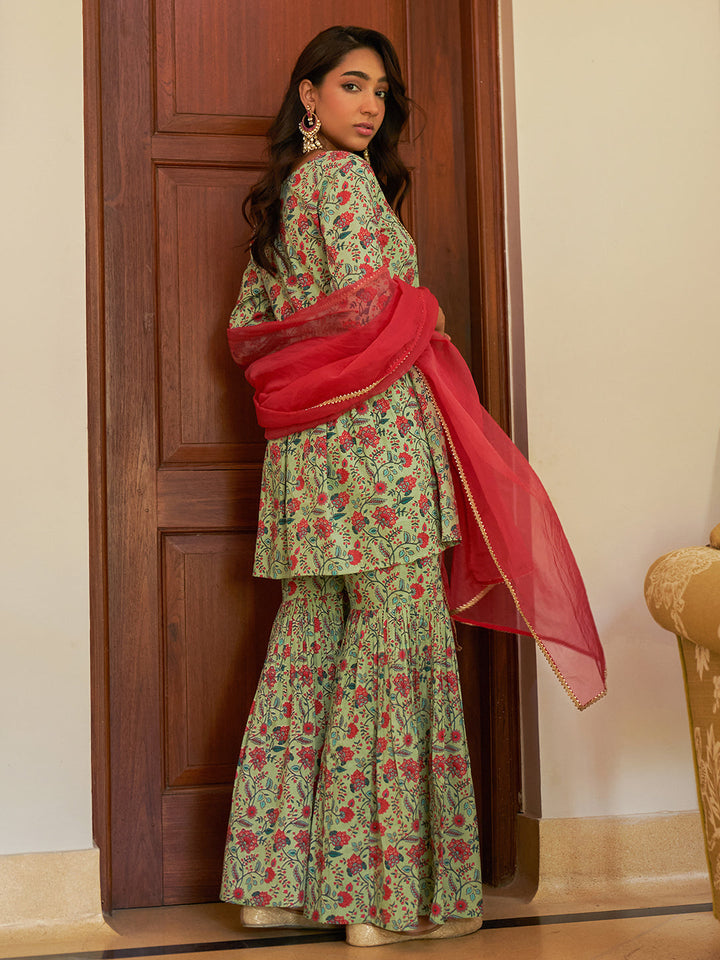 Light Green & Rani Pink Cotton Floral Printed Sharara Set