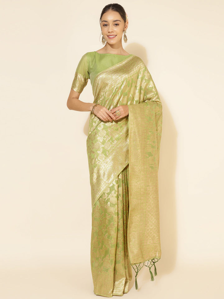 Light Green Floral Woven Design Chanderi Silk Saree