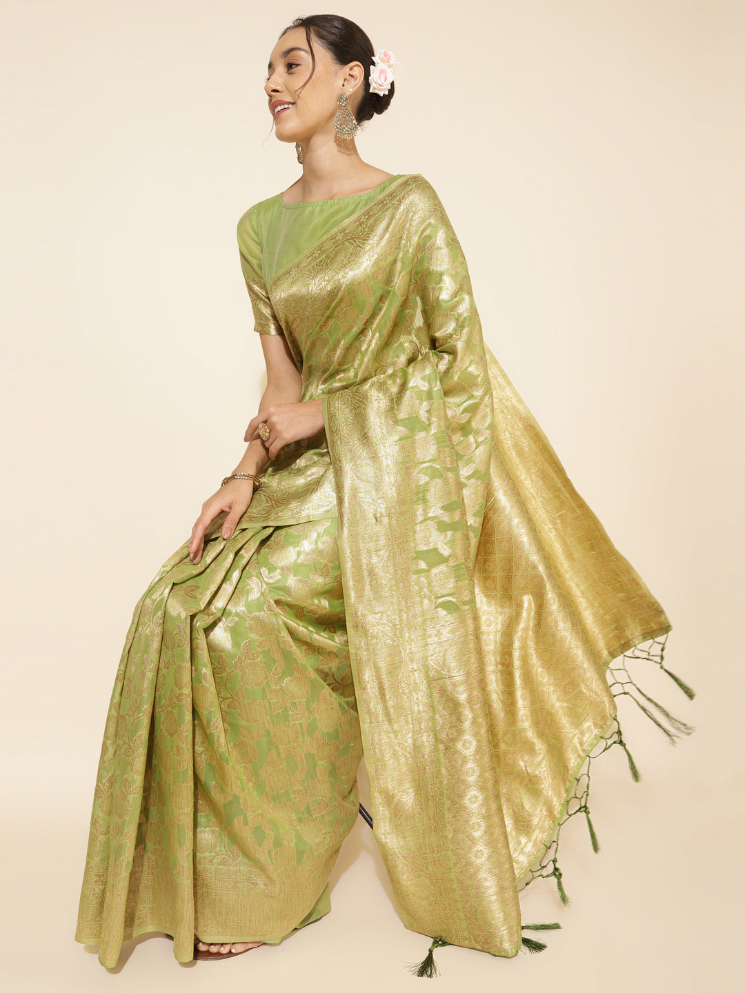 Light Green Floral Woven Design Chanderi Silk Saree