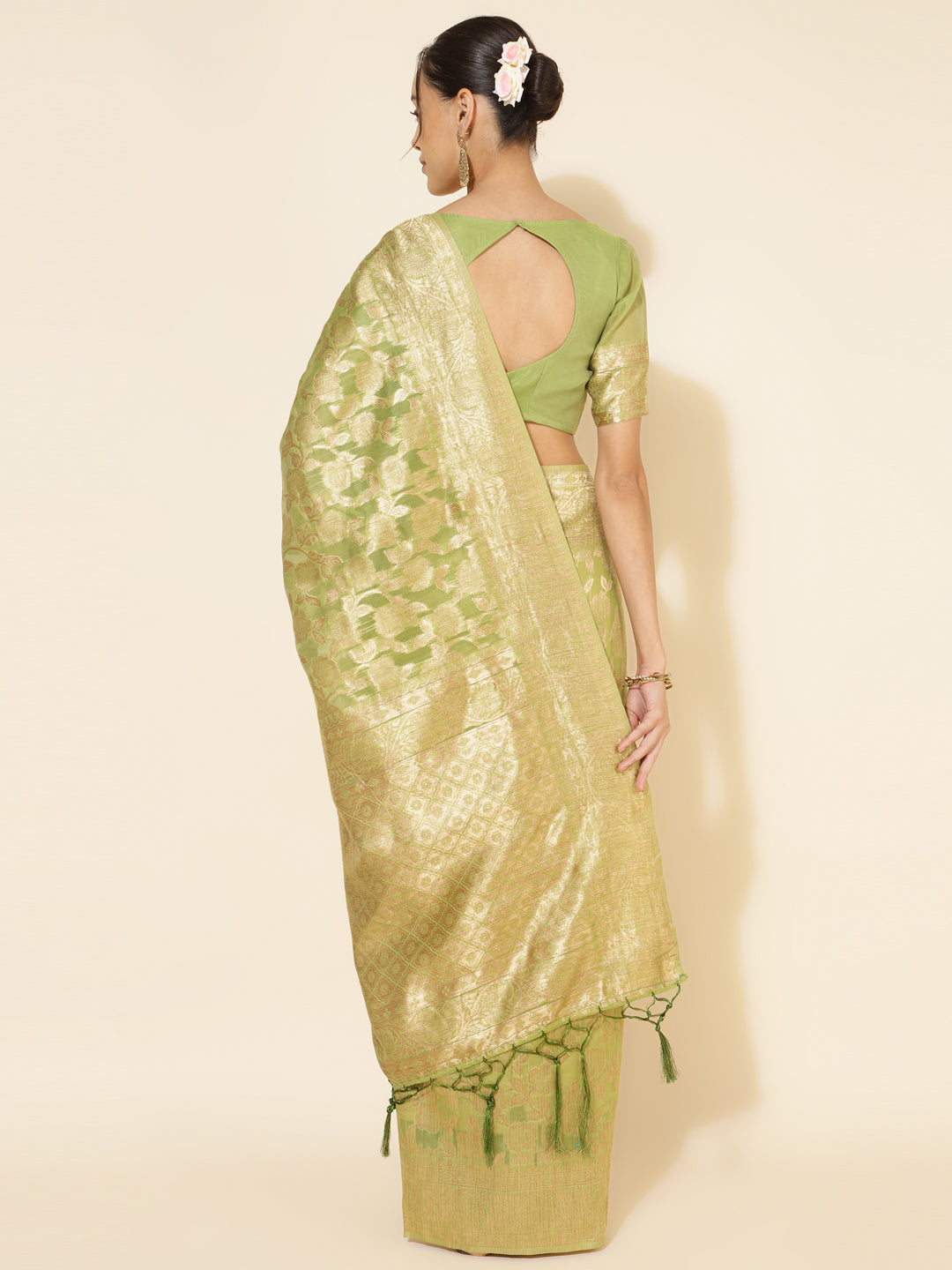 Light Green Floral Woven Design Chanderi Silk Saree