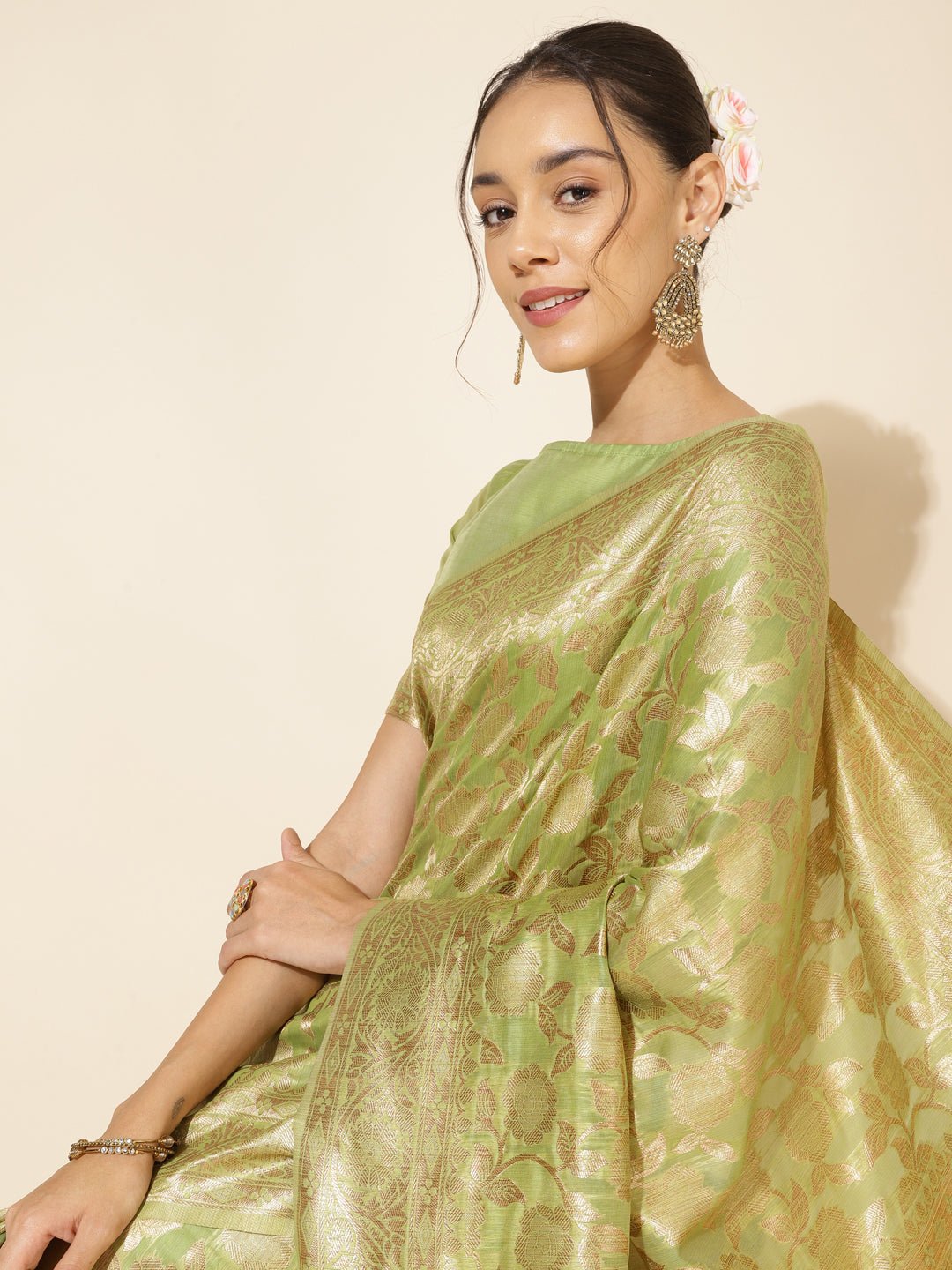 Light Green Floral Woven Design Chanderi Silk Saree