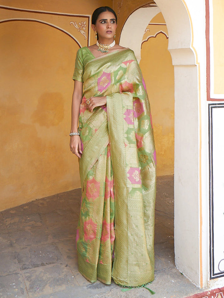 Light Green Woven Motif Chanderi Silk Festive Saree