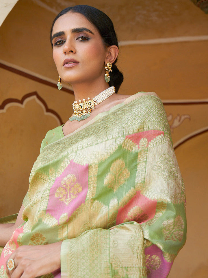 Light Green Woven Motif Chanderi Silk Festive Saree