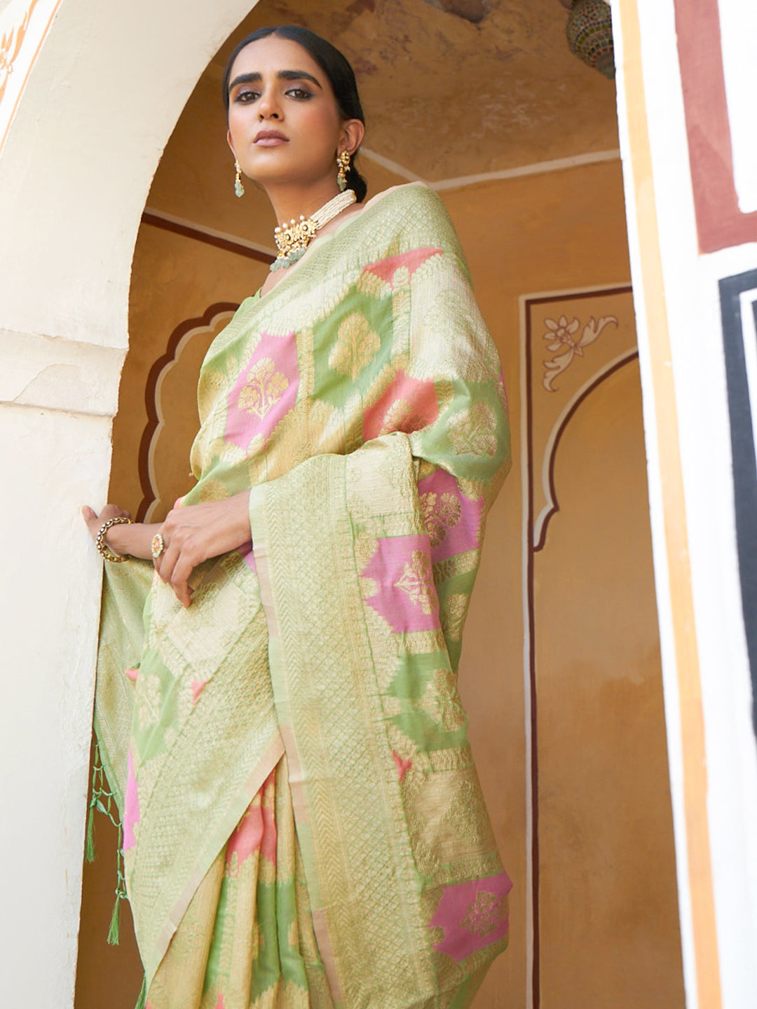 Light Green Woven Motif Chanderi Silk Festive Saree