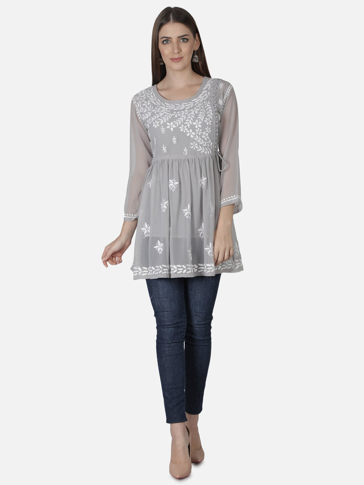 Grey Georgette Angarkha Chikankari Tunic Top With Slip