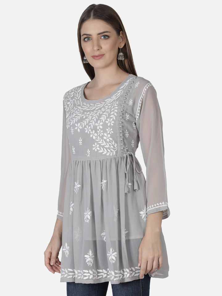 Grey Georgette Angarkha Chikankari Tunic Top With Slip