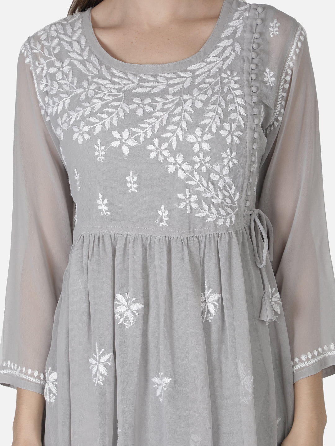 Grey Georgette Angarkha Chikankari Tunic Top With Slip