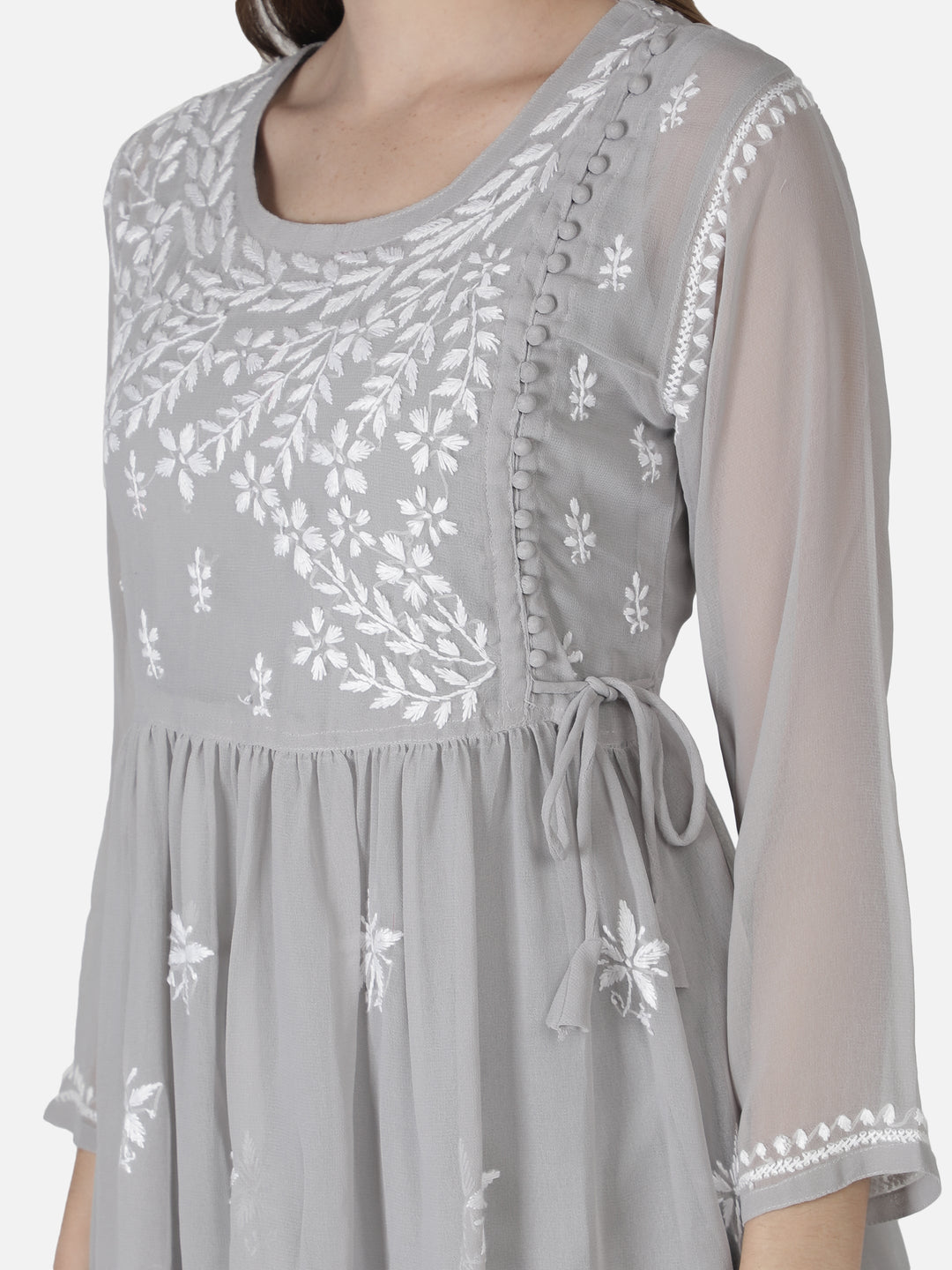 Grey Georgette Angarkha Chikankari Tunic Top With Slip