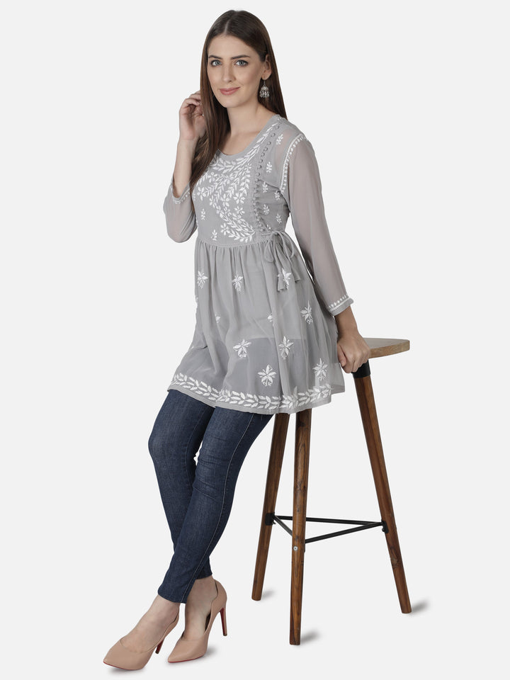 Grey Georgette Angarkha Chikankari Tunic Top With Slip