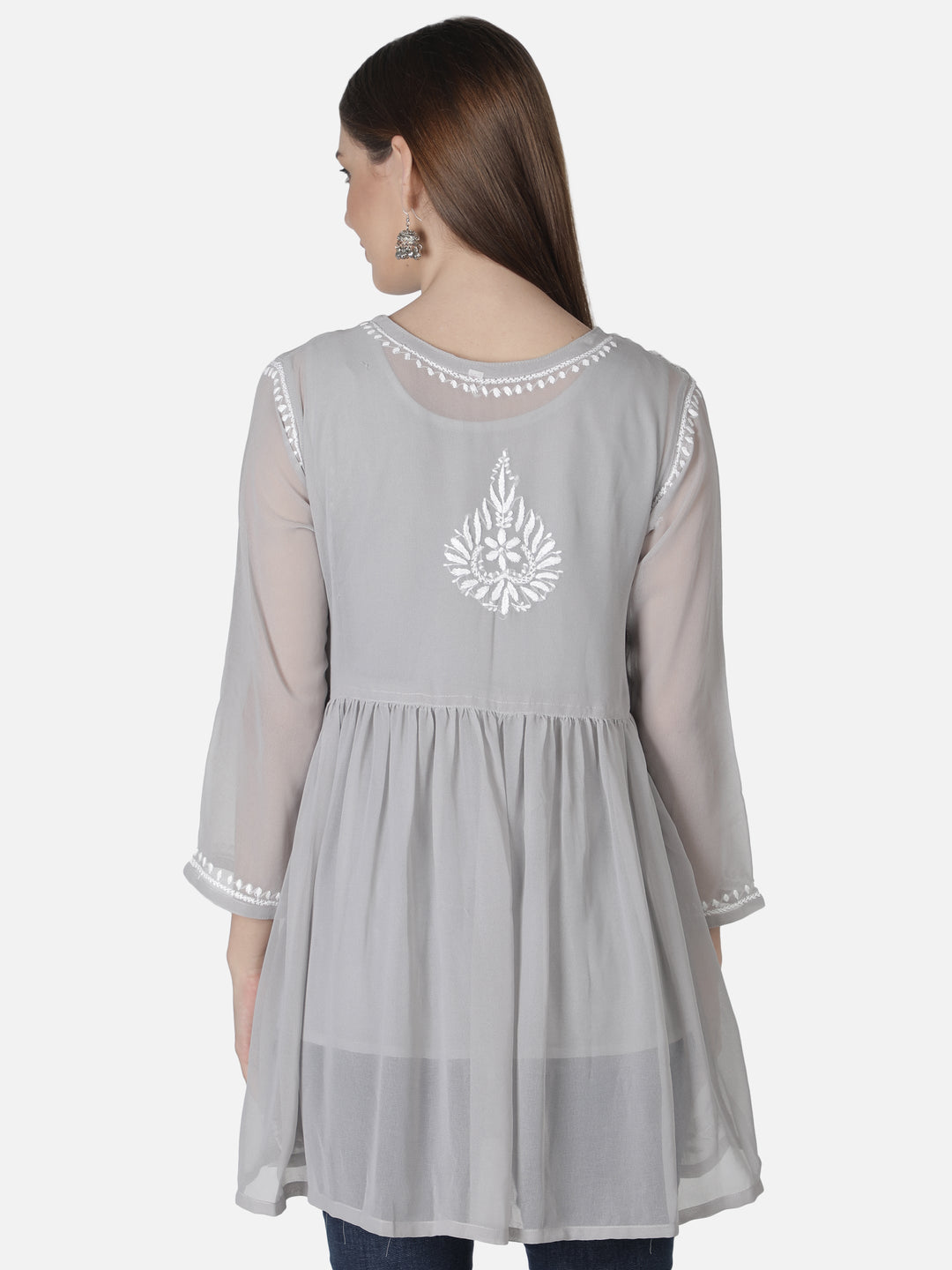 Grey Georgette Angarkha Chikankari Tunic Top With Slip