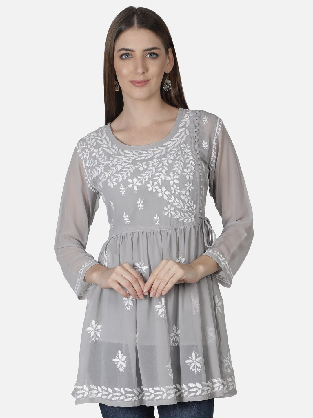 Grey Georgette Angarkha Chikankari Tunic Top With Slip