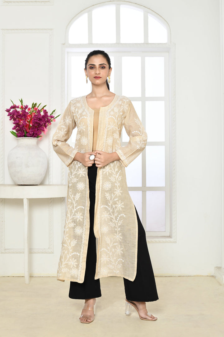 Light Ivory Long Front Open Chikankari Jacket