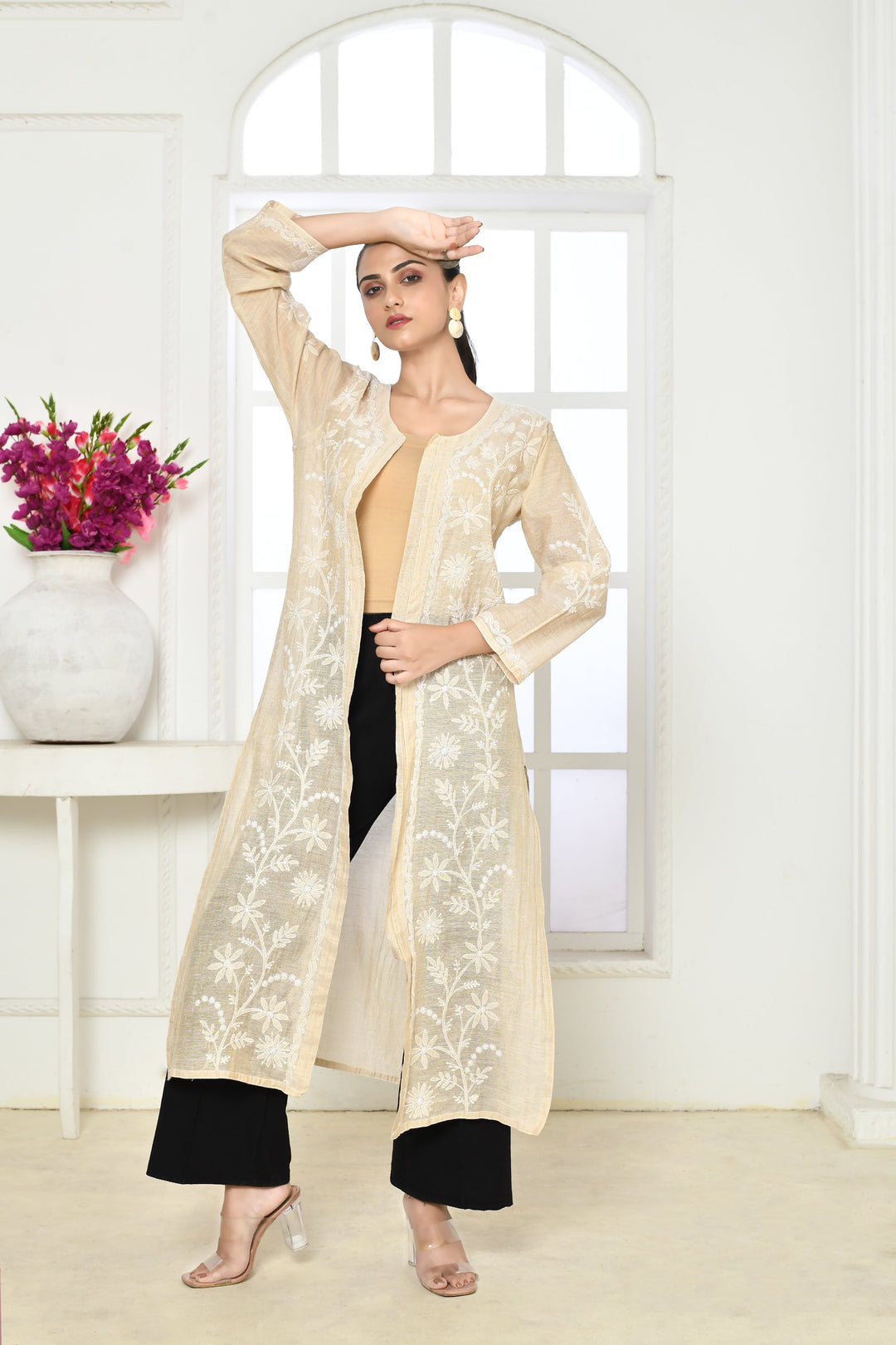 Light Ivory Long Front Open Chikankari Jacket