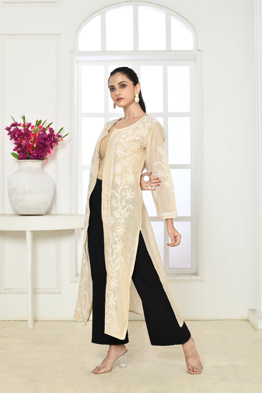 Light Ivory Long Front Open Chikankari Jacket