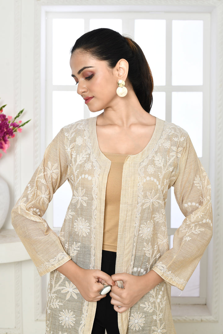 Light Ivory Long Front Open Chikankari Jacket