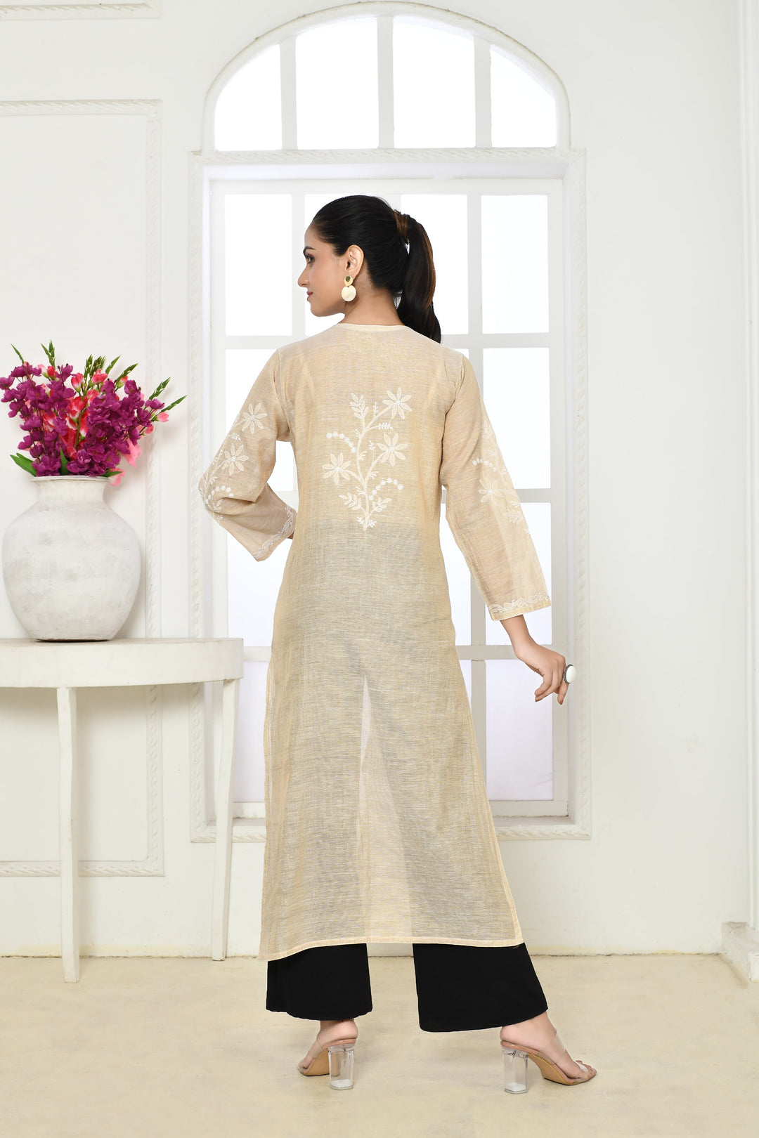 Light Ivory Long Front Open Chikankari Jacket