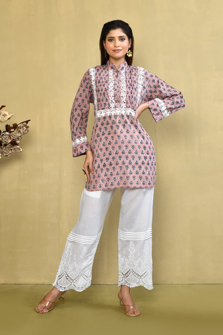 Light Peach And Blue Handblock Printed Chikankari Short Kurta