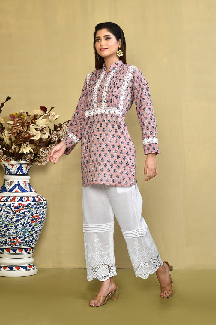 Light Peach And Blue Handblock Printed Chikankari Short Kurta