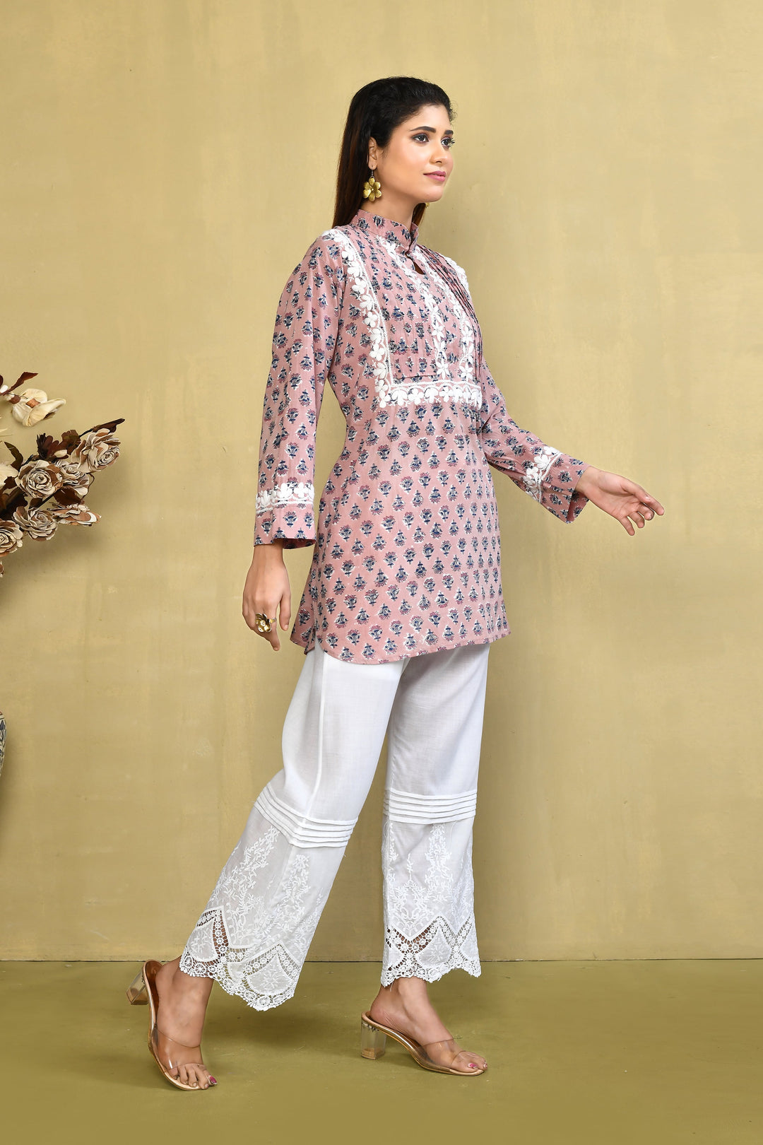 Light Peach And Blue Handblock Printed Chikankari Short Kurta