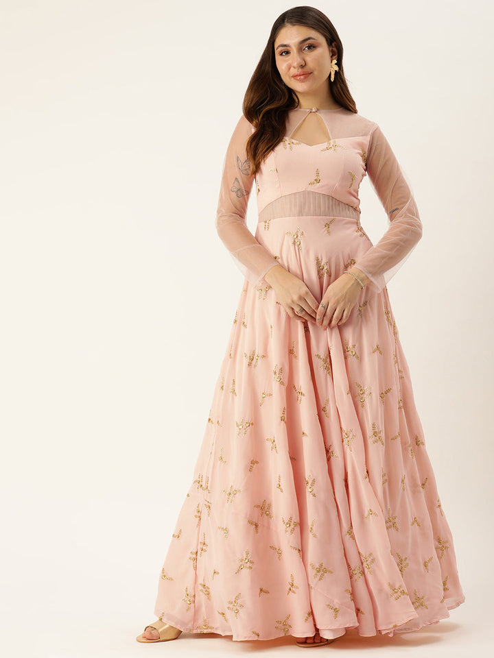 Light Peach Georgette Embroidered Net-Sleeves Gown