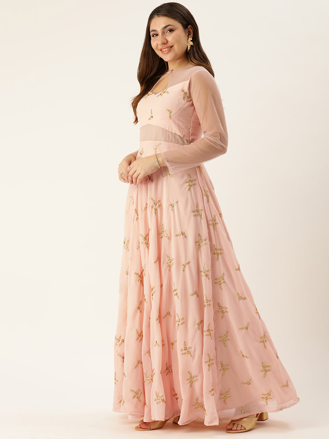 Light Peach Georgette Embroidered Net-Sleeves Gown