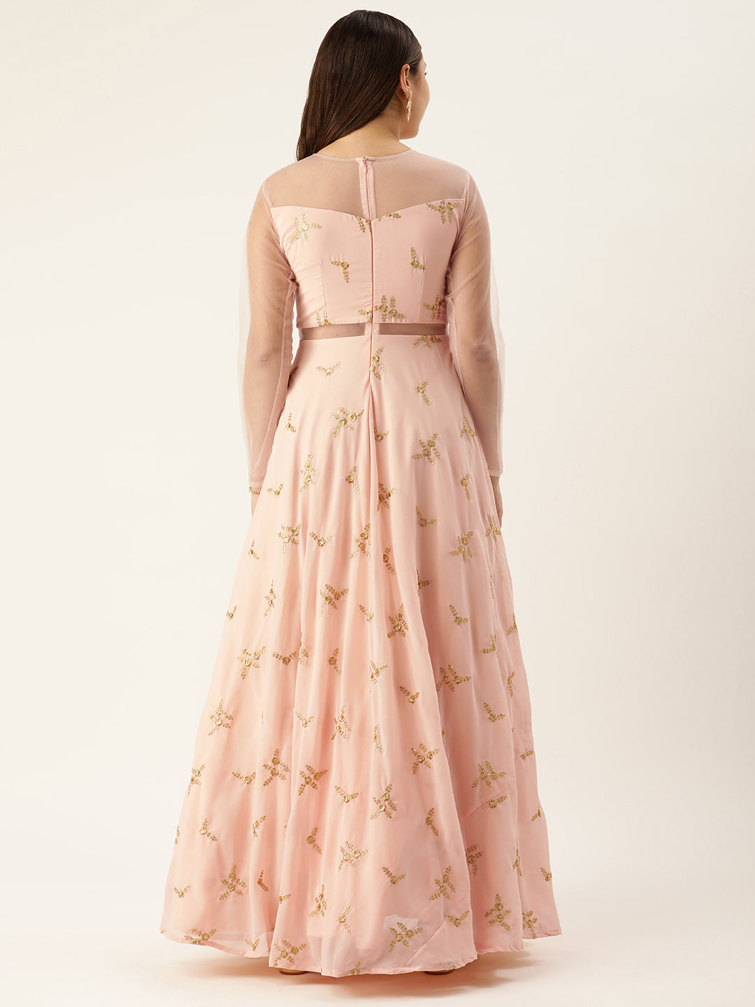 Light Peach Georgette Embroidered Net-Sleeves Gown