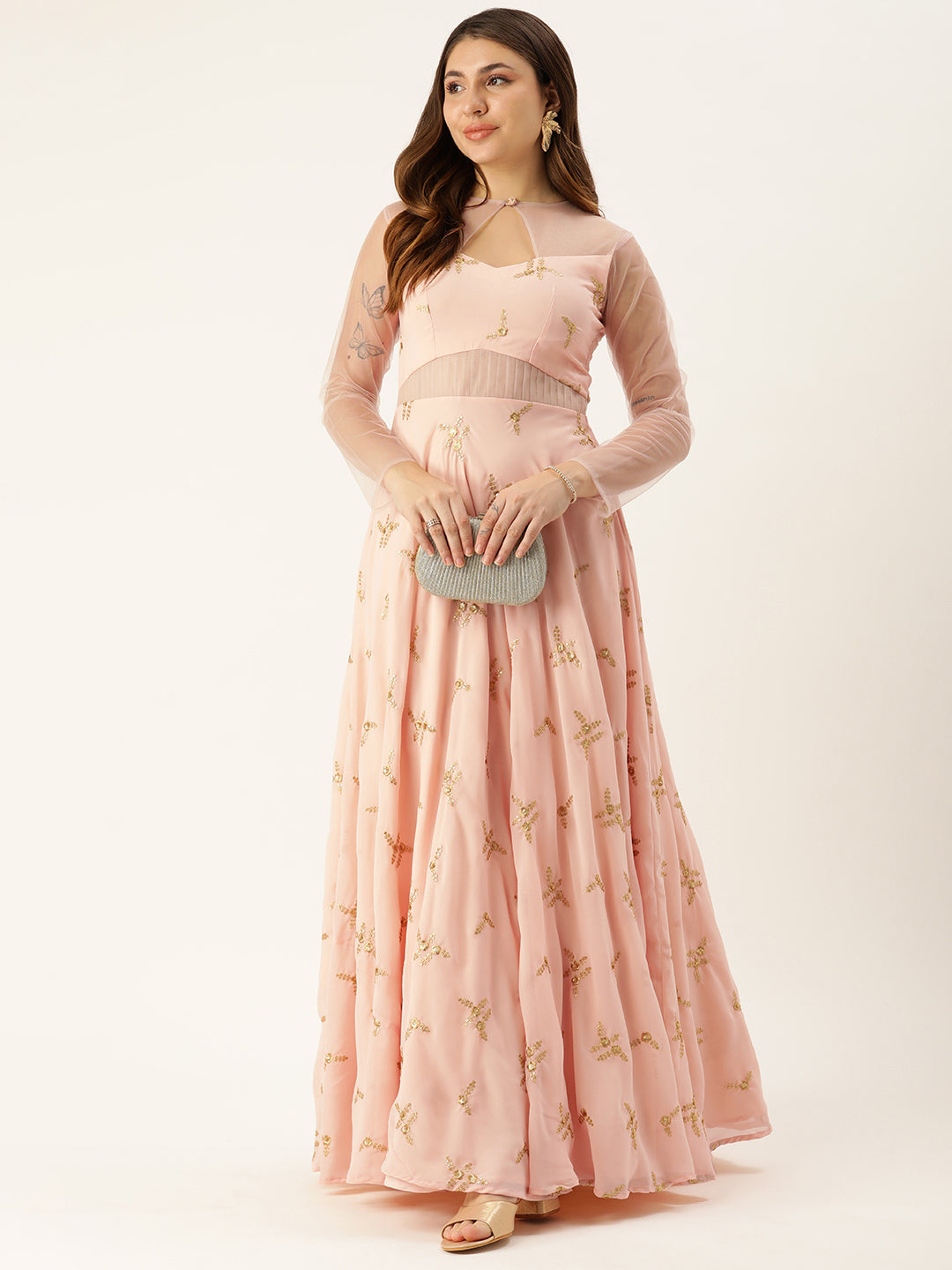 Light Peach Georgette Embroidered Net-Sleeves Gown