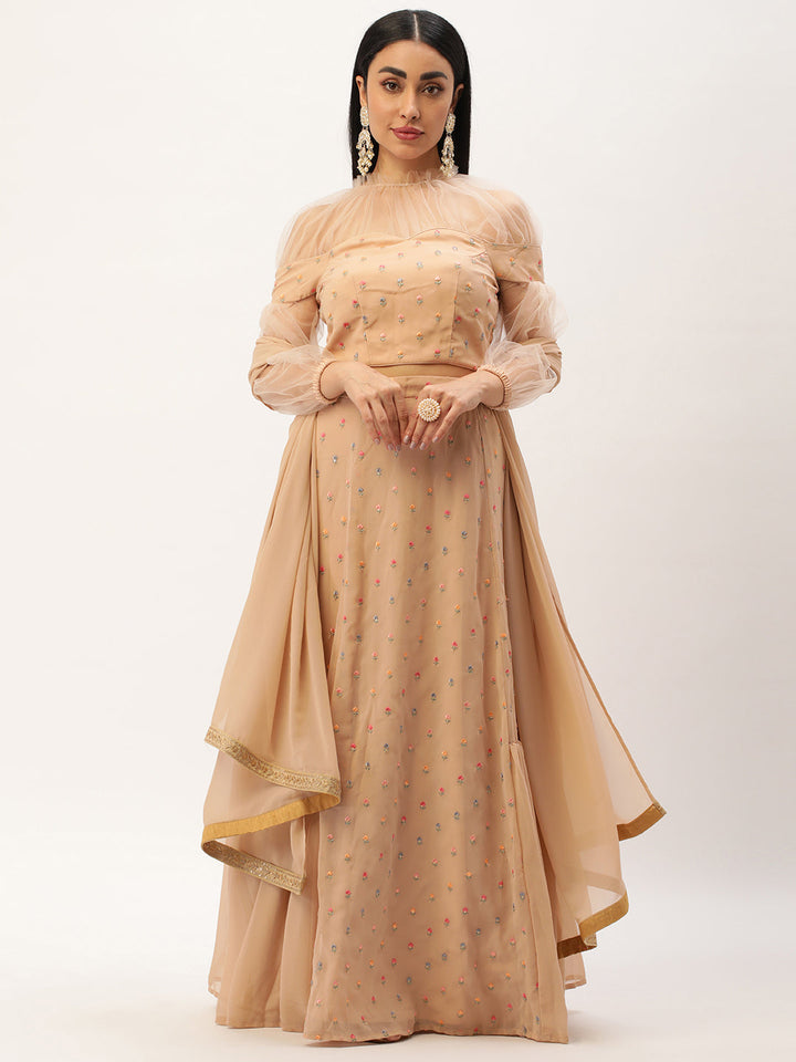 Light Peach Netted Georgette Embroidered Lehenga Set