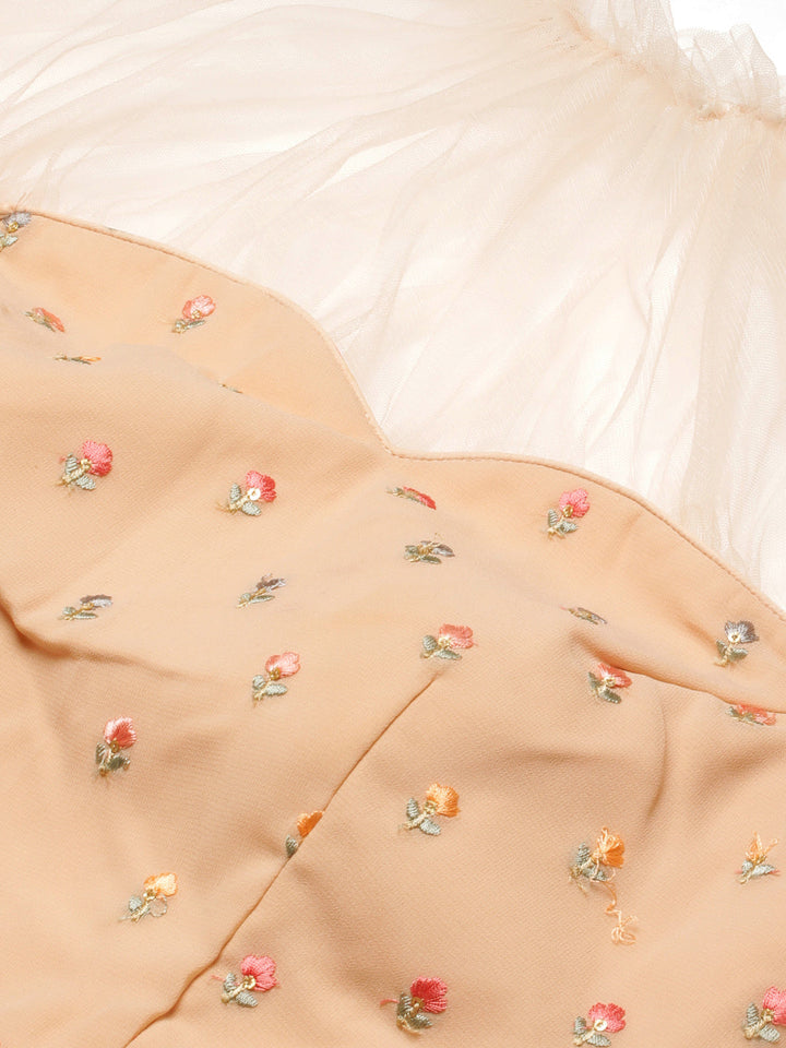 Light Peach Netted Georgette Embroidered Lehenga Set