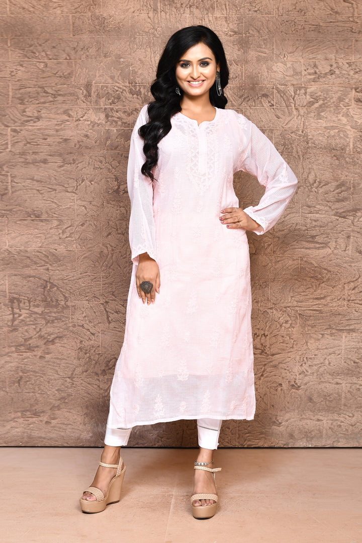 Light Peach Pure Kota Chikankari Kurta With Slip